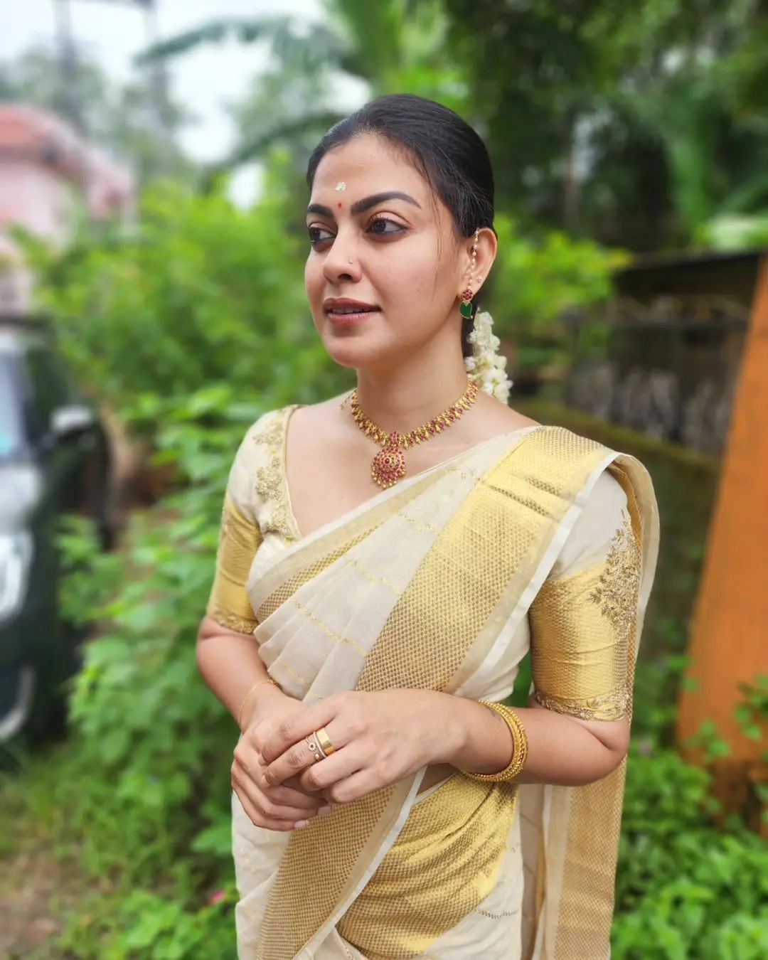 Anusree Nair In South Indian Traditional White Saree Blouse